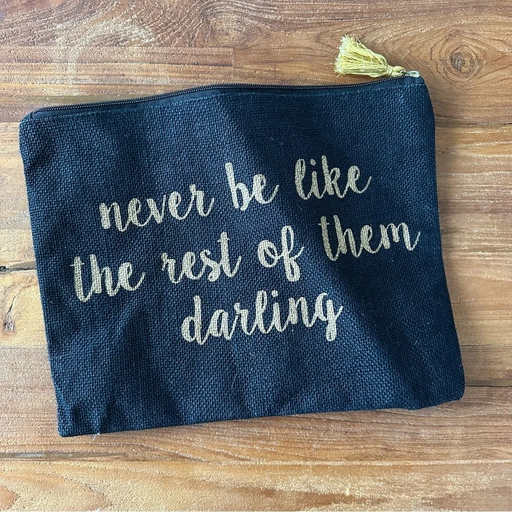 Mud Pie Black Jute Zip Pouch Carryall Quote Tassel Cosmetic Makeup Case Darling